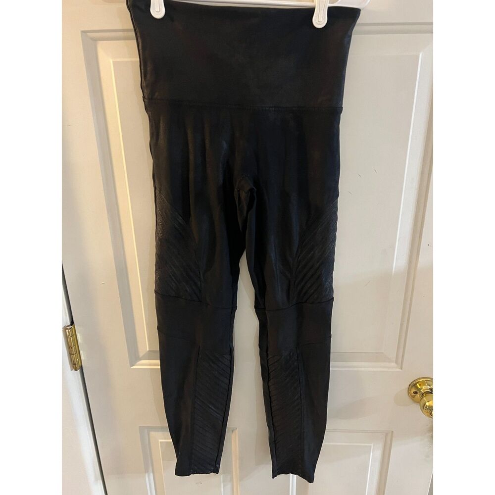 Spanx Black Textured Faux Leather Leggings High Waisted Shaping Tights Womens XL
